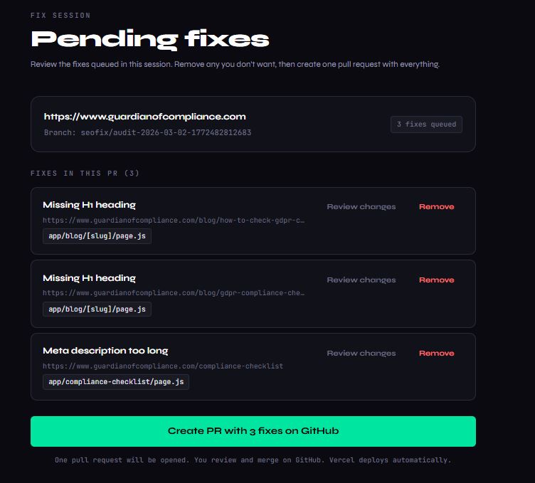 GitHub PR with SEO fixes, diff view ready to merge