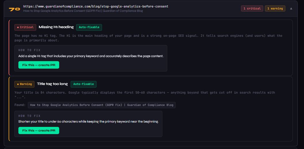 Issue list with Fix this button